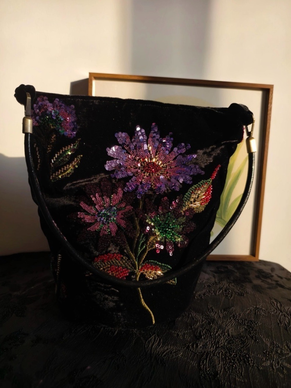 Exquisite Handmade Embroidered Beaded Black Velvet Floral Bucket Evening Bag - Picture 2 of 5